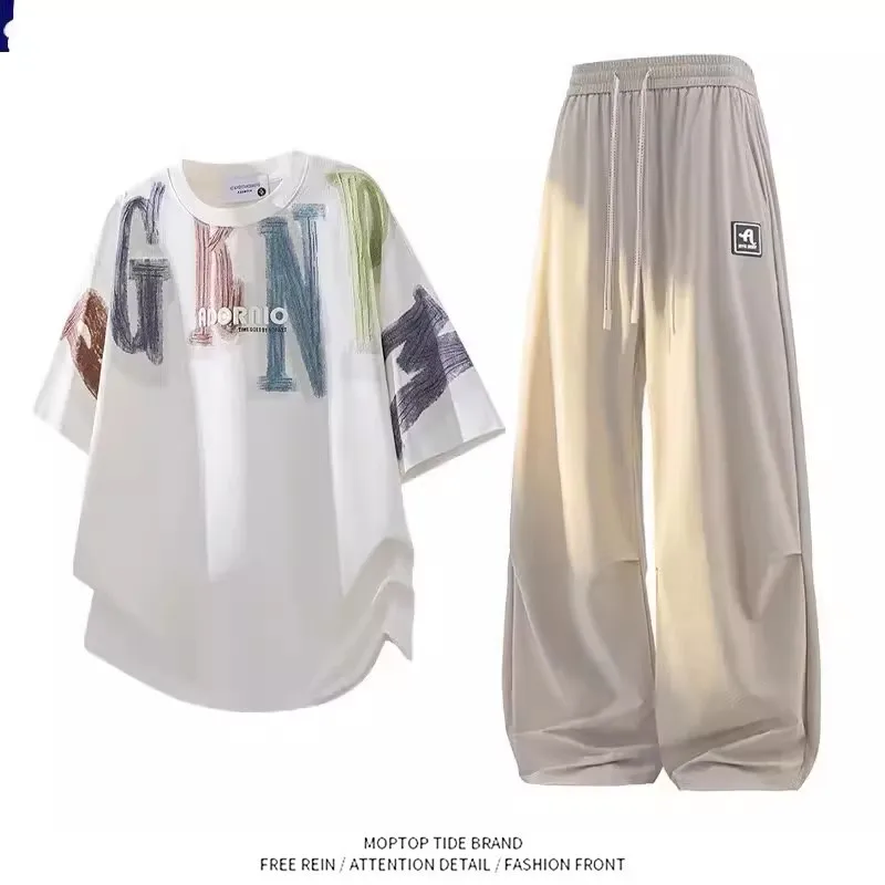 American High Street Men's Casual Loose T-Shirt Shorts Set Summer Trendy Large Size Two-Piece Suit Polyester Fiber Long Pants