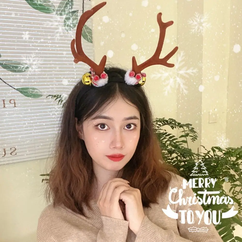 Cosplay Costume Accessories Bell Christmas Headband Plush Ball Flower Deer Horn Hair Band Dress Up Santa Elk Hair Hoop Female