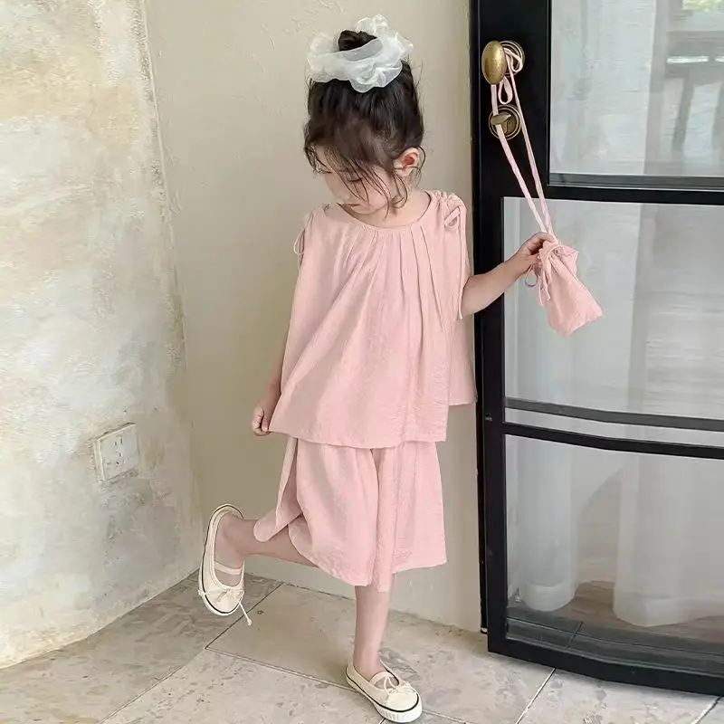 

Летний розовый жилет и короткие штаны для малышей, комплект в корейском стиле, модный наряд для младенцев и детей, розовый ансамбль