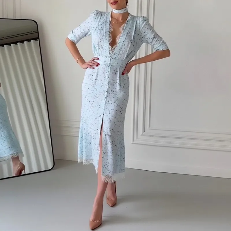 Schickes Spitzenbesetztes Bedrucktes Kleid für Damen Elegantes Tief Ausgeschnittenes Tailliertes Maxikleid mit Schlitz und Kurzen Ärmeln 2026 Damen-Partykleid Vestidos