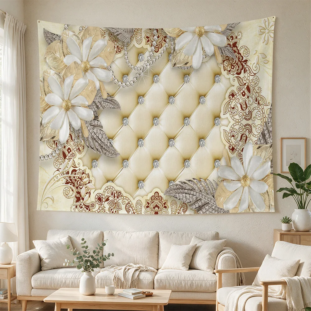 Elegant Chesterfield Tufted Upholstery Wall Hanging Tapestry Beige Gold Floral Baroque Living Room Decor