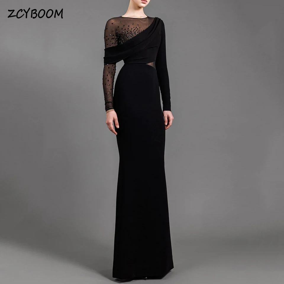 Customized Black Rhinestone Long Sleeves Evening Dress 2024 Mermaid Floor Length Velvet Zipper Custom Made Prom Dress For Women