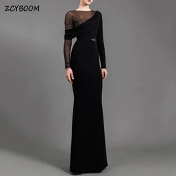 Customized Black Rhinestone Long Sleeves Evening Dress 2024 Mermaid Floor Length Velvet Zipper Custom Made Prom Dress For Women