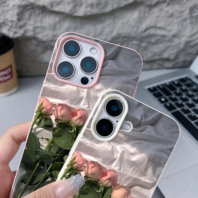 Pink Rose Flowers Phone Case For iPhone 17 Air 16 15 14 Pro Max 13 12 Pro 11 16e Shockproof Silicone Leather Texture TPU Cover - view 4