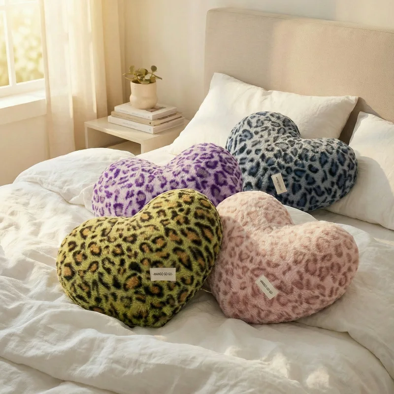 PP Cotton Soft Faux Fox Fur Pillow Comfy Love Heart Plush Pillow Pink Leopard Print Stuffed Pillow Home Room Decorative Cushion