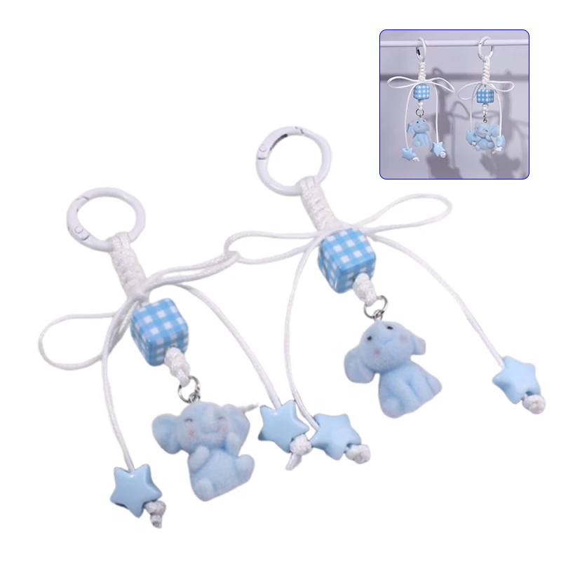 Cute Light Blue Flocked Elephant Keychain Cartoon Bow Animal Keyring Bag Pendant Key Holder Best Friend Gifts