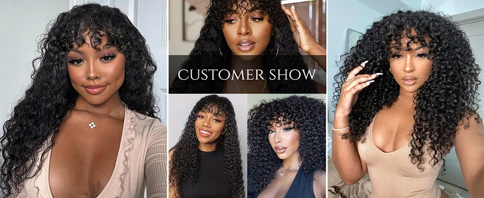 Glueless Water Wave Wig With Bangs Black Women's Human Hair Wig Without Glue Fully Machine Made Wig With Bangs Kinky Curly Wig