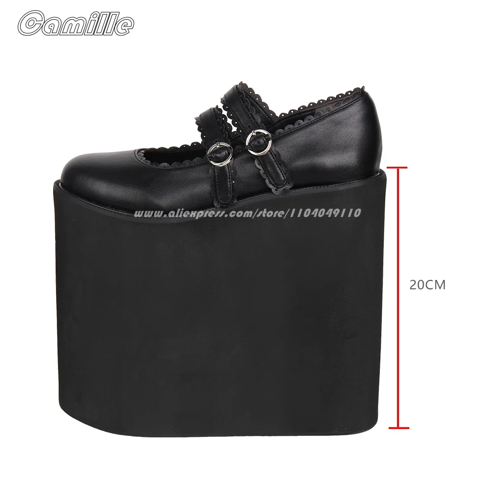 

Mary Jane 20CM Heel Lace Strap Buckle Strap Shallow Pumps Lolita Punk Style Thick Sole Sexy Lady Boots Round Toe Platform Shoes