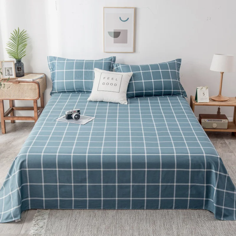 Geometric Plaid Flat Sheet Queen Cotton Checkered Gingham Bed Sheet Set Soft Farmhouse Buffalo Grid Bed Cover with 2 Pillowcases