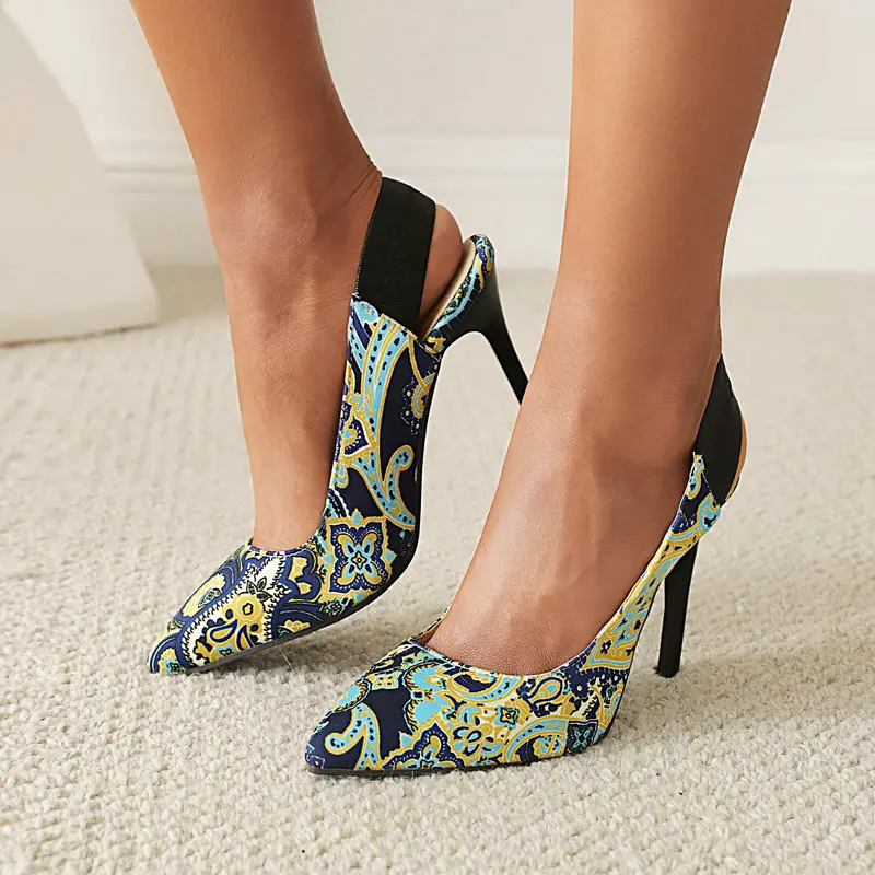 Women Pumps 2022 Pointed Toe High Heels Retro Floral Print Elastic Band Stiletto Spring Summer PU Fashion Shoes Zapatos Mujer