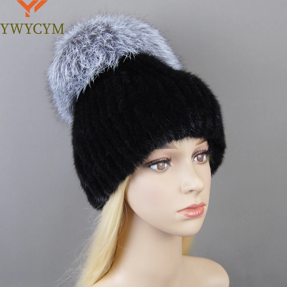 

2023 New Luxury Women Winter Mink Fur Hats Knitted Real Mink Silver Fox Fur Caps Female Russian Winter Warm Real Fur Beanies Hat