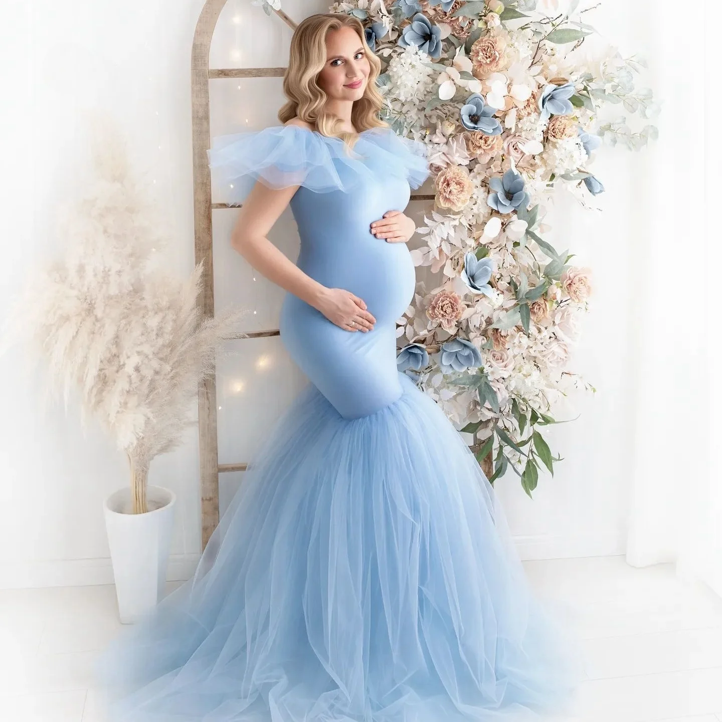 

Sky Blue Mermaid Maternity Gowns for Women Ruched Sleeveless Vestidos for Photography SImple Babyshower Dress for Pregant Woman