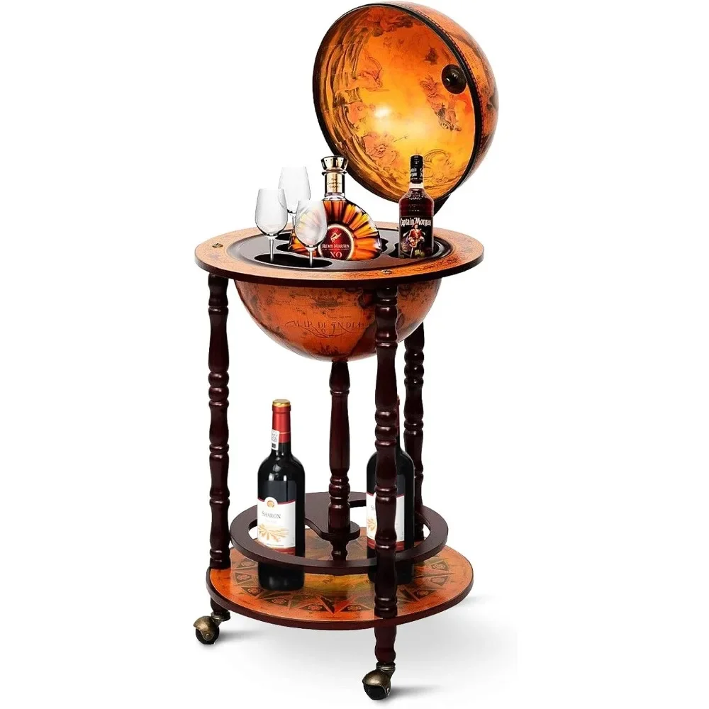 

17.5” Globe Bar Liquor Cabinet with Wheels, Bottom Shelf, Old World Map, 16th Century Italian Replica Bar Globe, Retro Stand
