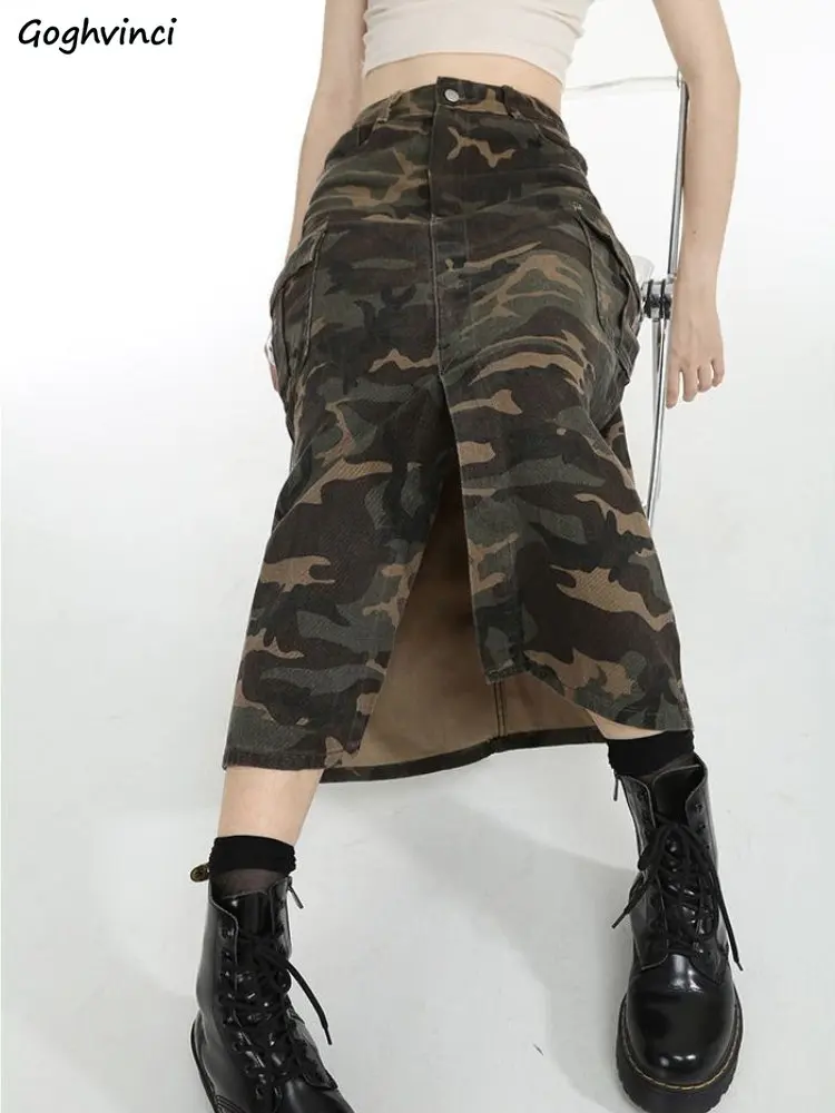 Camouflage Skirts Women Ankle-length High Waist Safari Style A-line Cool Hot Female New Autumn Spring Fashion Harajuku Faldas