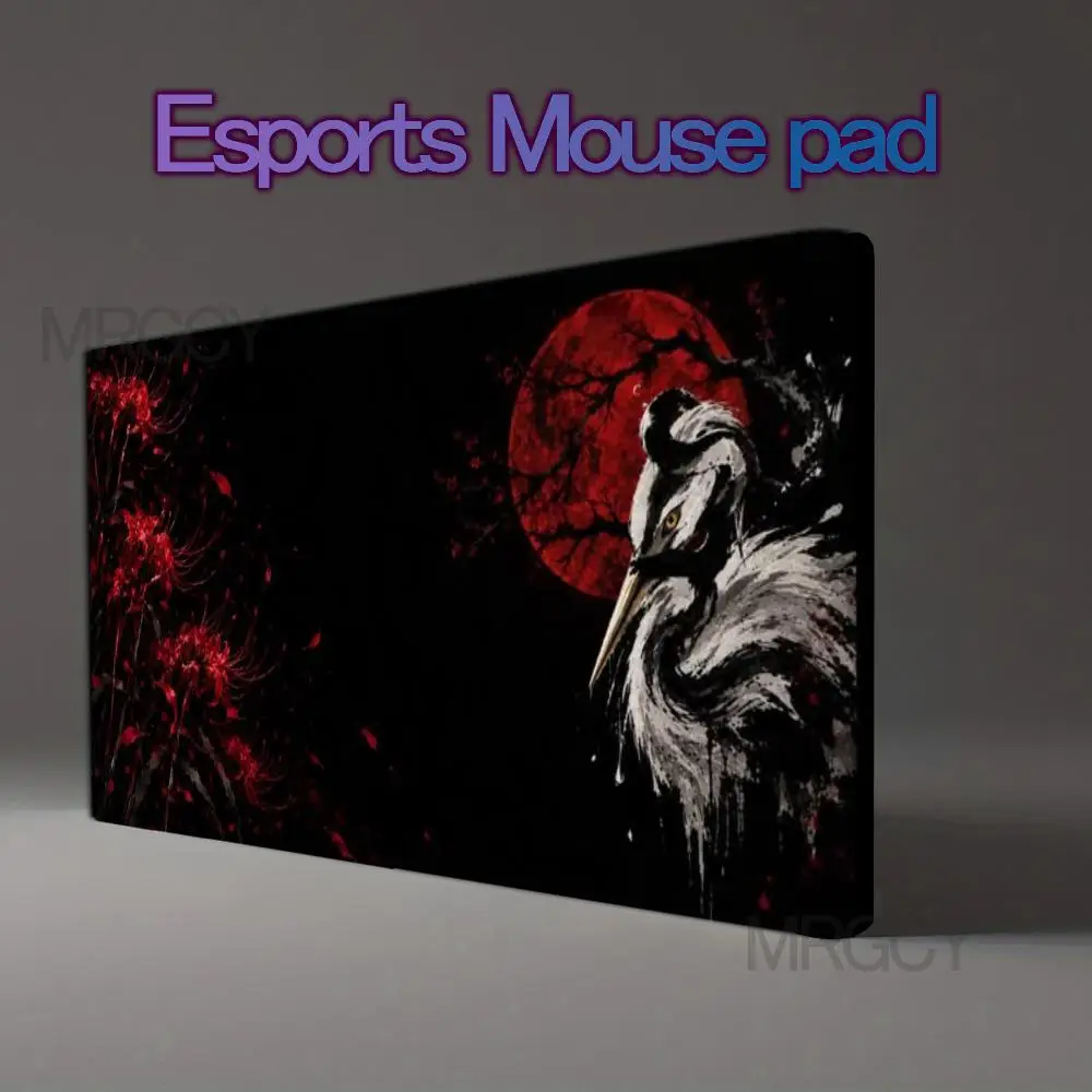 Japanese Ink Red Moon Crane & Spider Lily Desk Mat, Waterproof Non Slip Large Gaming Mouse Pad Wear Resistant TCG Playmat Orient