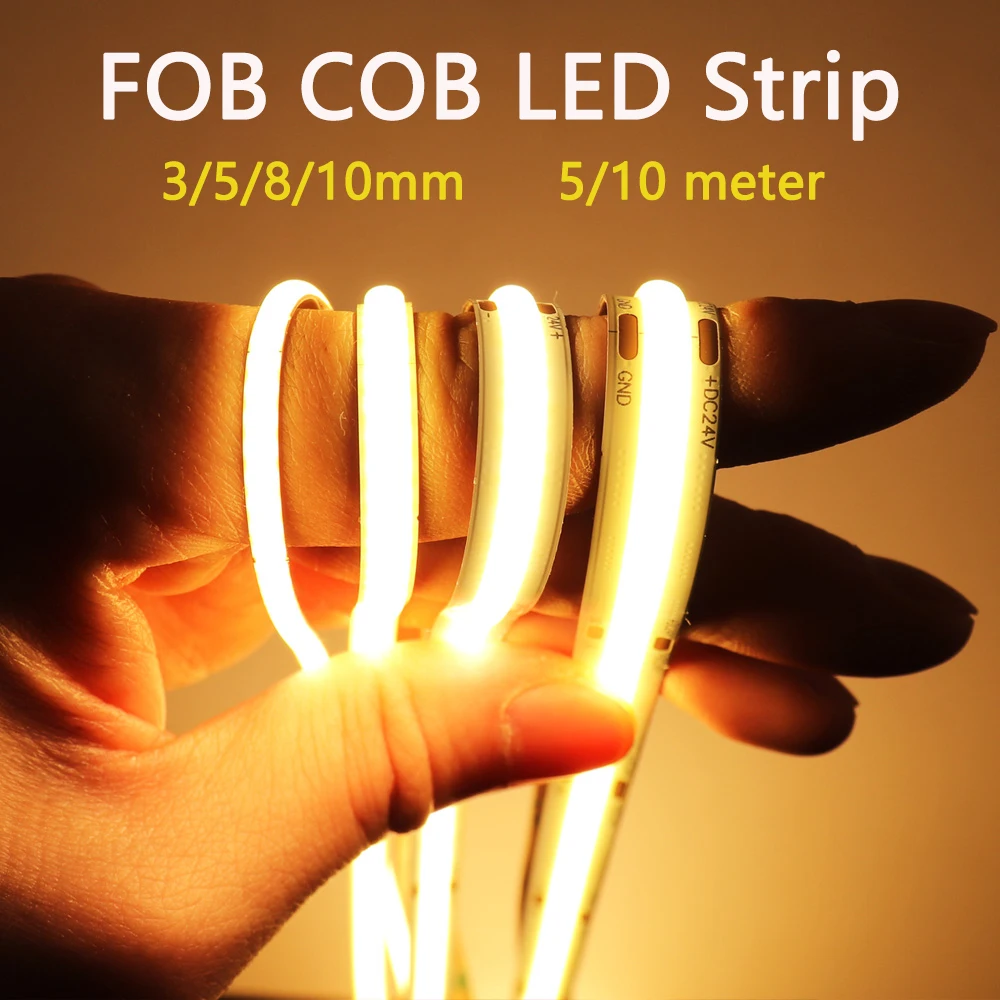 FOB COB LED Strip 12V 24V LED Strip Light 5M 10M Dimmable Tape LED  3mm 5mm 8mm 10mm COB Strip 16.4FT 32.8FT For Room Decor