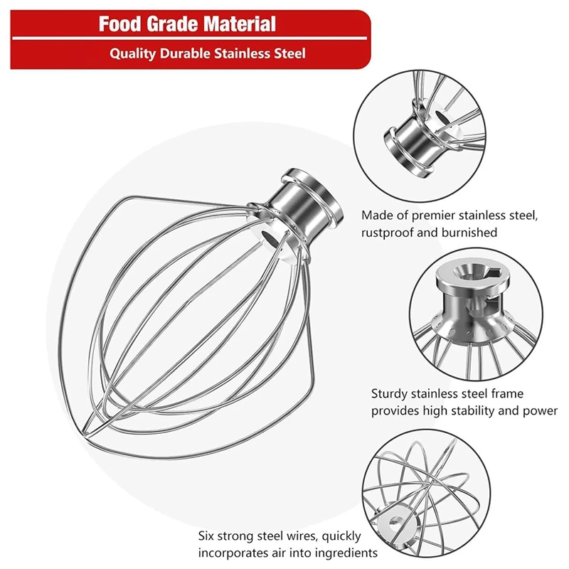 Stainless Steel 6-Wire Whip Attachment For Kitchenaid Tilt Stand Mixer 4.5-5 Quart Bowl