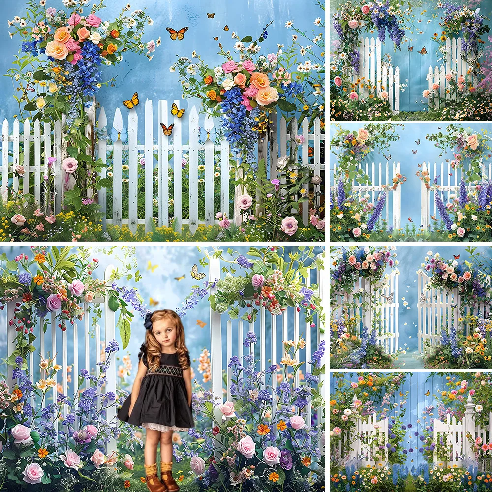 

Photography Background Flower Garden Decor Butterfly Fence Grass Backdrop Booth Floral Girl Baby Birthday Portrait Photo Studio