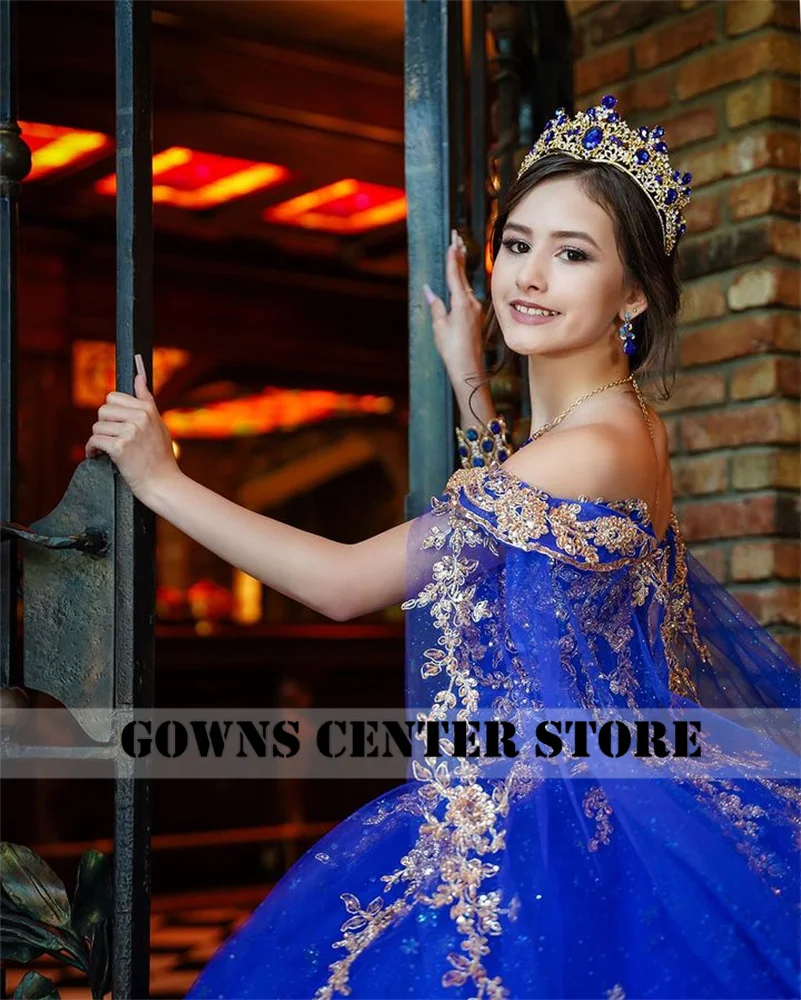 New In Royal Blue Light Gold Lace Appliques Spaghetti Quinceanera Dress For Girl With Cape Ball Gown For Sweet 15 16 Customized