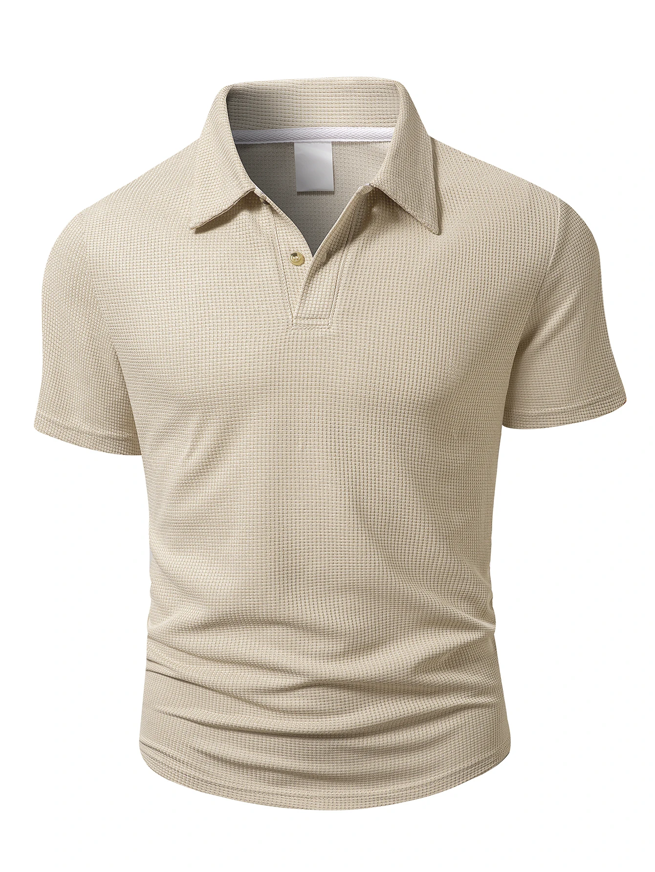 Men's Knitted Polo Shirt, Light Apricot Color, Short Sleeves, Waffle Texture, Casual and Sophisticated Style, Summer Thin Slim-Fit Collared Top