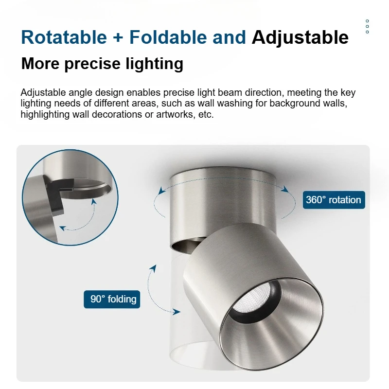Bauhaus Led Spotlight Surface Mounted Spot Light Aluminum Silver Color Ceiling Lamp Adjustable Angle Foldable Eye Protection LED