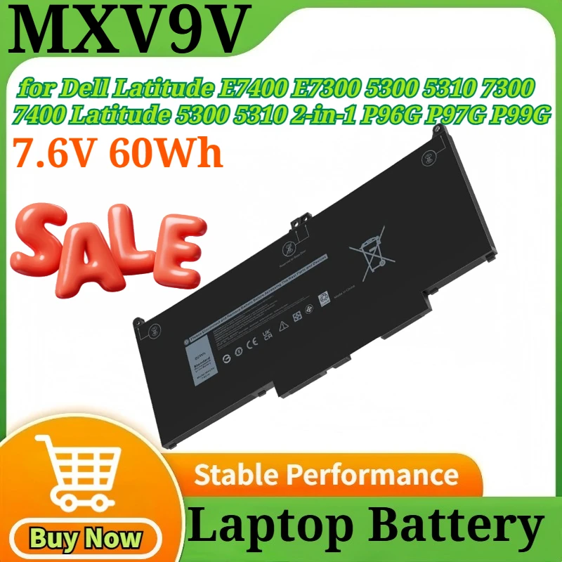 

Аккумулятор для ноутбуков MXV9V 7.6V 60Wh для Dell Latitude E7400 E7300 5300 5310 7300 7400, Latitude 5300 5310 2-in-1 P96G P97G P99G P100G