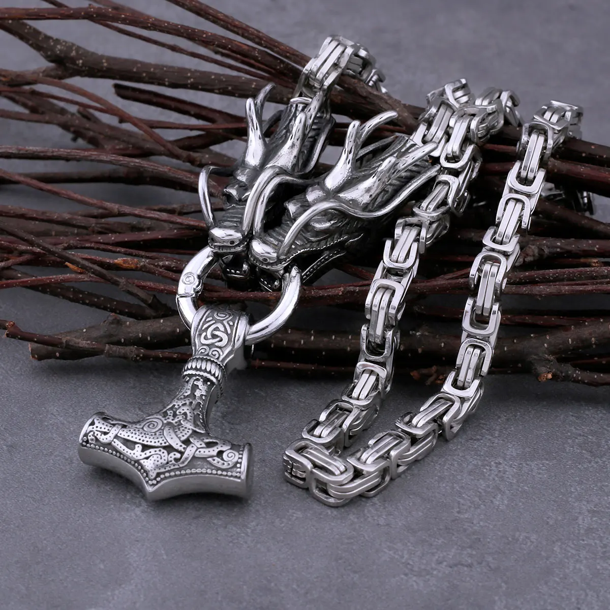 Vikings Thor's Hammer Pendant Steel Color Dragon Head Square Necklace Fashion Amulet Hip Hop Vintage Jewelry As Gift for Men