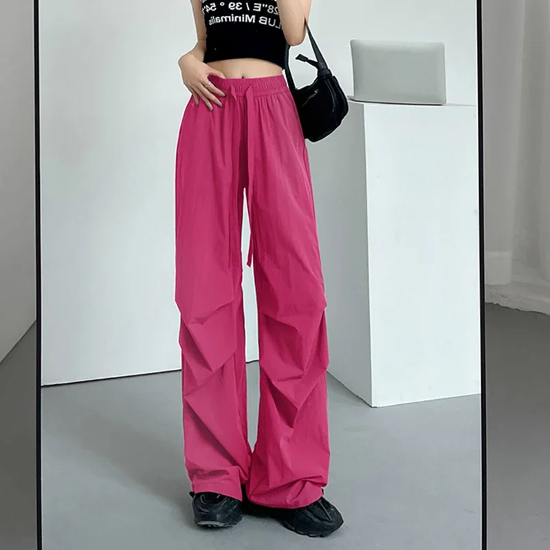 2025 ストリートルーズストレートパンツ女性の夏薄型速乾性カーゴパンツ女性弾性ウエストレースアップパラシュートズボン
