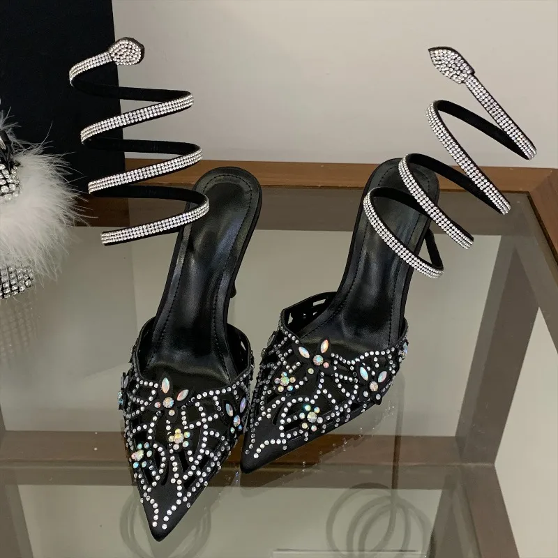 Hollow Butterfly Rhinestone Sandals Pointed Toe Spiral Snake Wrap Ankle Strap Stiletto High Heels Wedding Banquet Dress Shoes
