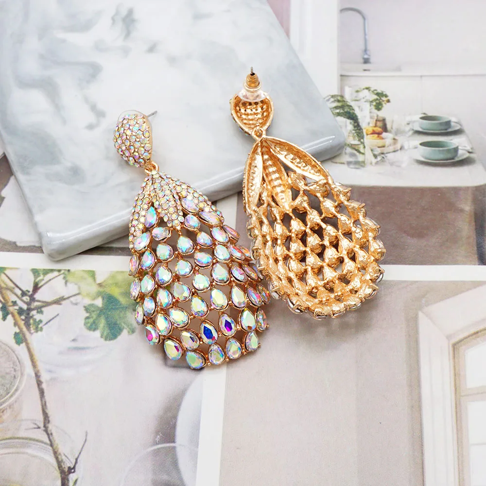 Damen AB Kristall Tropfen-Ohrringe Goldfarben Hohle Strass-Ohrhänger Hochzeit Party Braut Statement-Schmuck Geschenk – Detail 6
