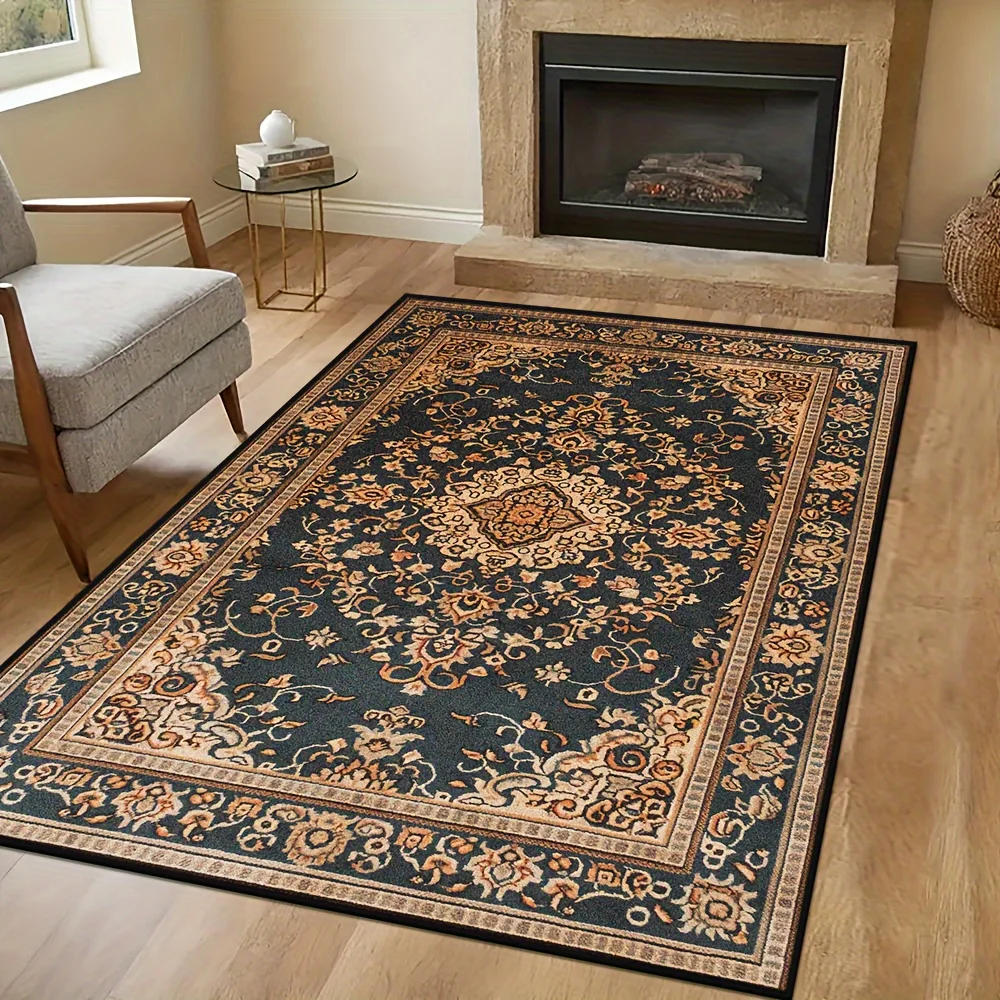 [2D Flat]Large Vintage-style Rug Featuring An Oriental Central Floral Medallion And Traditional Persian Floral Patterns; An Elegant Choice For Living Rooms, Bedrooms, And Fireplace Areas.
