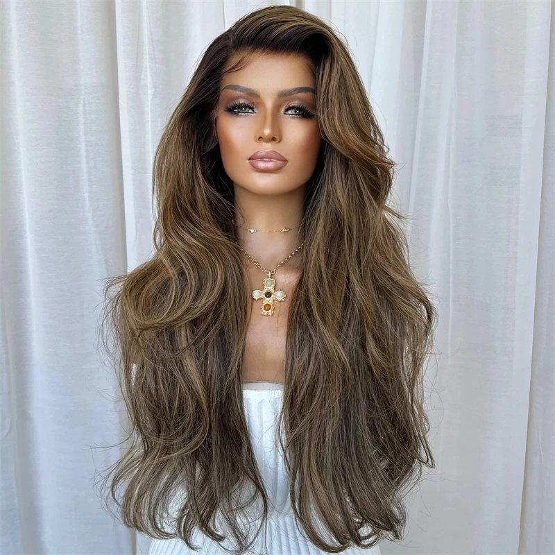 

30 Inch Super Long Wave Wig 13x4 Free Part Ombre Dark Brown Blonde Synthetic HD Lace Front Wig for Women Heat Resistant Wigs