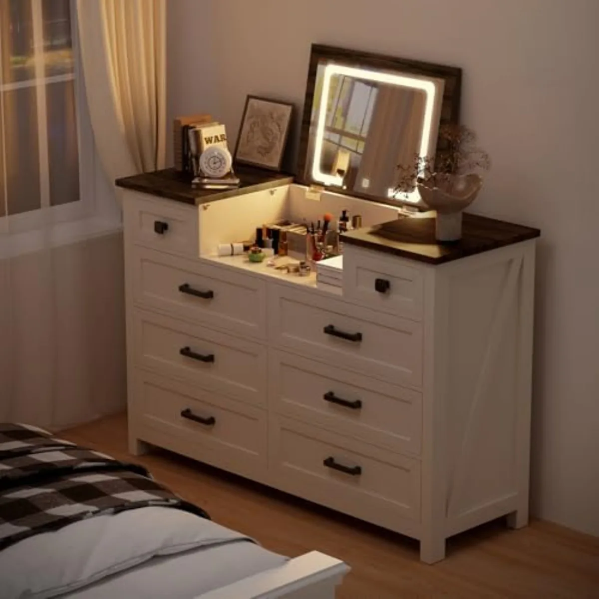 Dresser with Mirror for Bedroom, Chest of Drawers with LED Mirror, 8 Drawer Dresser, White Dressers for Kids, Wood - view 6