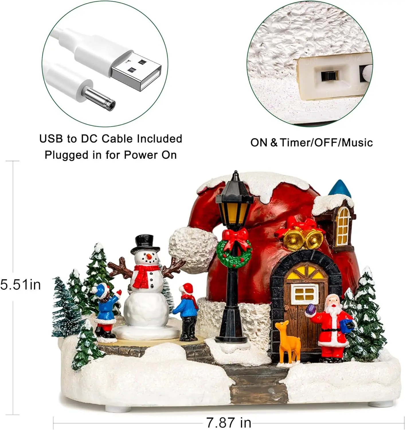 Pueblo navideño alimentado por USB con figuras animadas, luces LED y música para decoración del hogar festivo