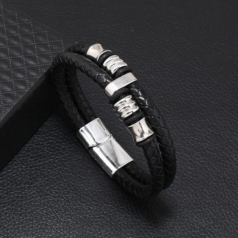 Noter Unique Men Leather Bracelet Double Layer Removable Magnet Buckle Male Bangle Hiphop Rock Red Braslet Accessories Pulseira