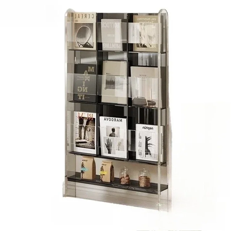 acrylic floor-to-ceiling transparent bookshelf, living room storage, newspaper storage light luxury magazine rack