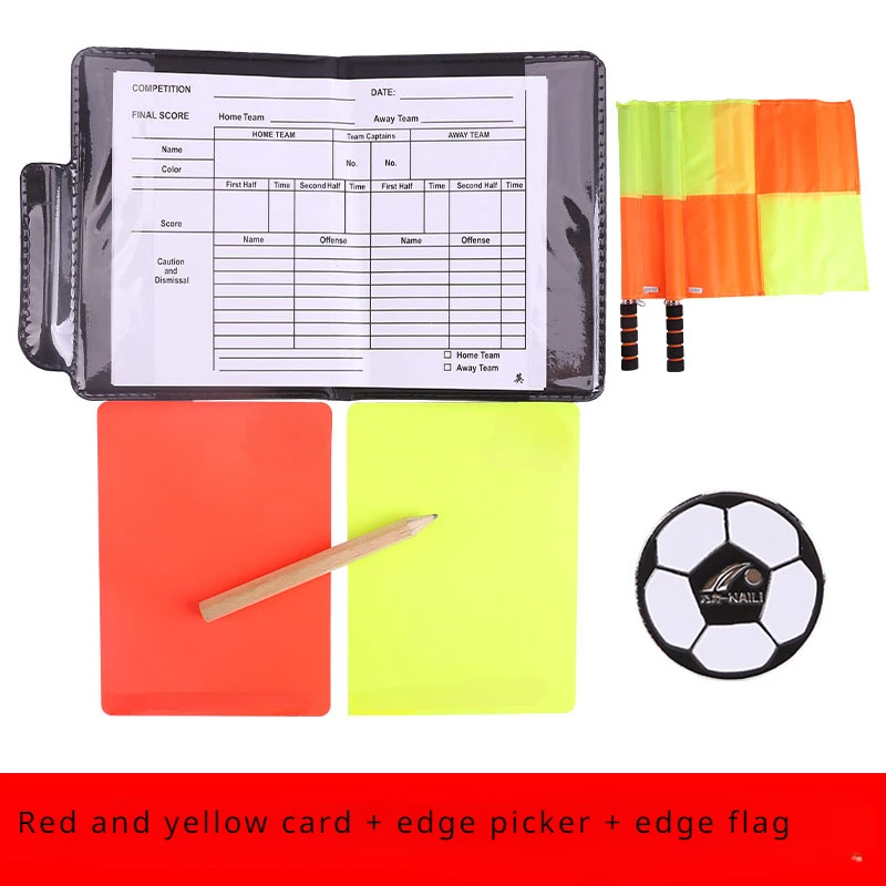 Football referee card game, referee patrol flag, red and yellow card with pencil, football warning card and edge picker