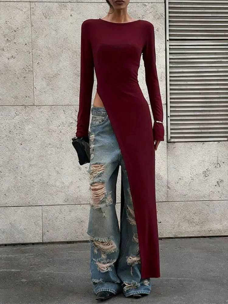 Sukienka damska z asymetrycznym dekoltem typu O, codzienna, z długim rękawem, w jednolitym kolorze, długa sukienka 2025, elegancka, z wysokim stanem, wyszczuplająca sukienka na imprezę.