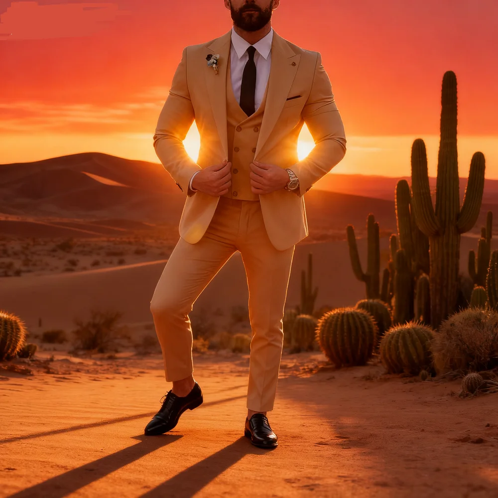 3피스 남성 턱시도 정장 세트 (피크 라펠 블레이저, 더블 브레스티드 조끼, 바지 포함) 캐주얼 웨딩 비즈니스 의상