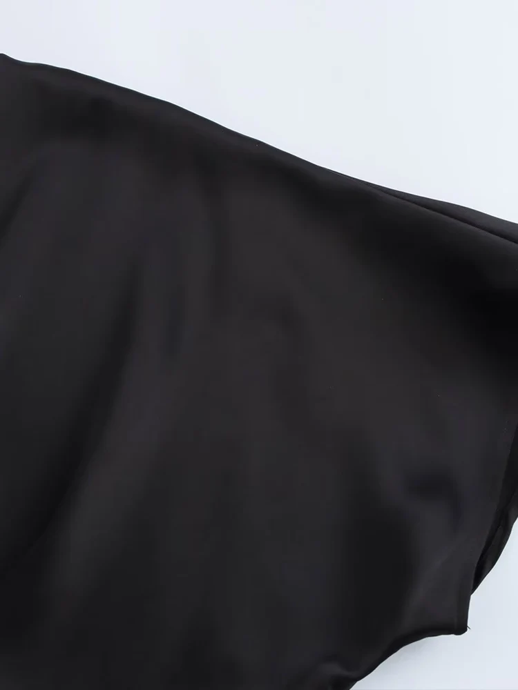 Nowa europejska i amerykańska odzież damska, modna i stylowa satynowa sukienka midi z krótkim rękawem i dekoltem w kształcie litery V