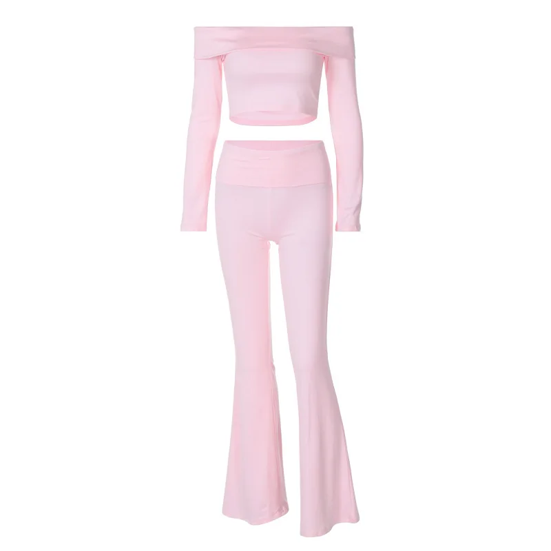 One-shoulder long-sleeved blouse flared pants two-piece spring Europe and the United States women\'s new fashion casual suit