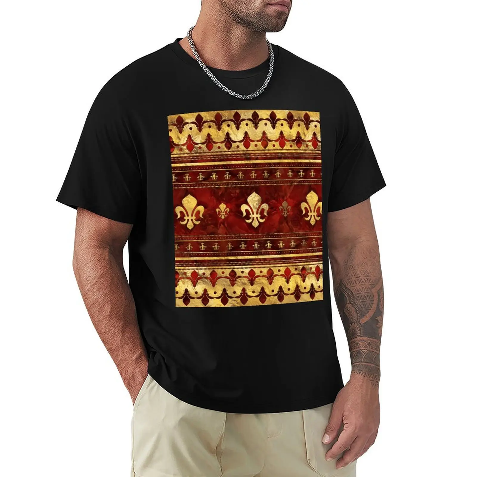 Fleur-de-lis Red Marble and Gold T-Shirt Holiday Casual Short Sleeve Top