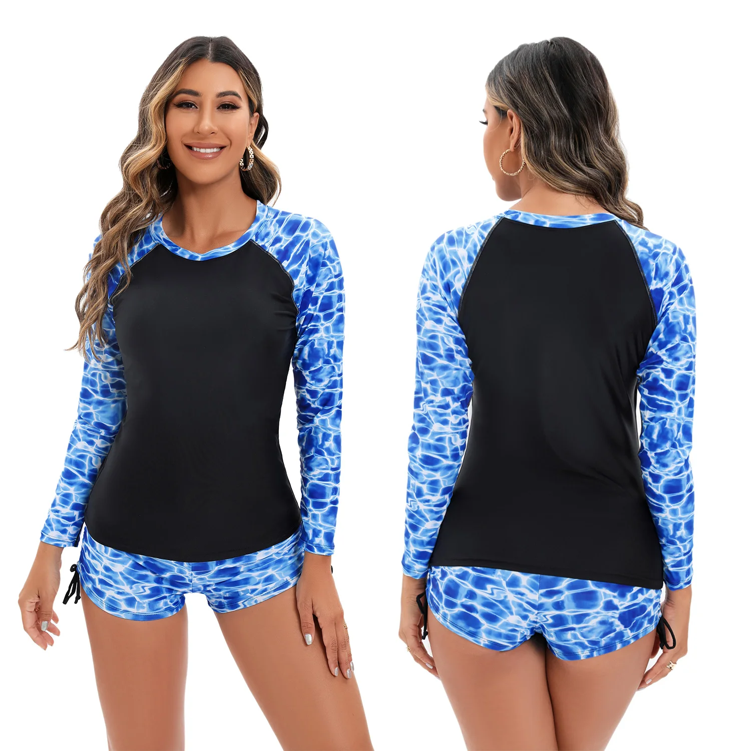 Women Two Piece Rash Guard Long Sleeve Swimsuits Sun Protection Sport Wetsuit Swim Shirt Bathing Suit with Boyshort Bottom