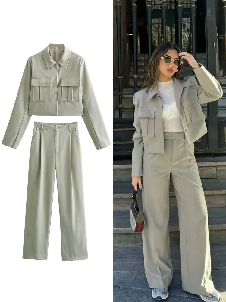 TRAF Women\'s Short Jacket Set High Street Fashion Pocket Single Breasted Lapel Jacket + Pleated Design High Waisted Trousers