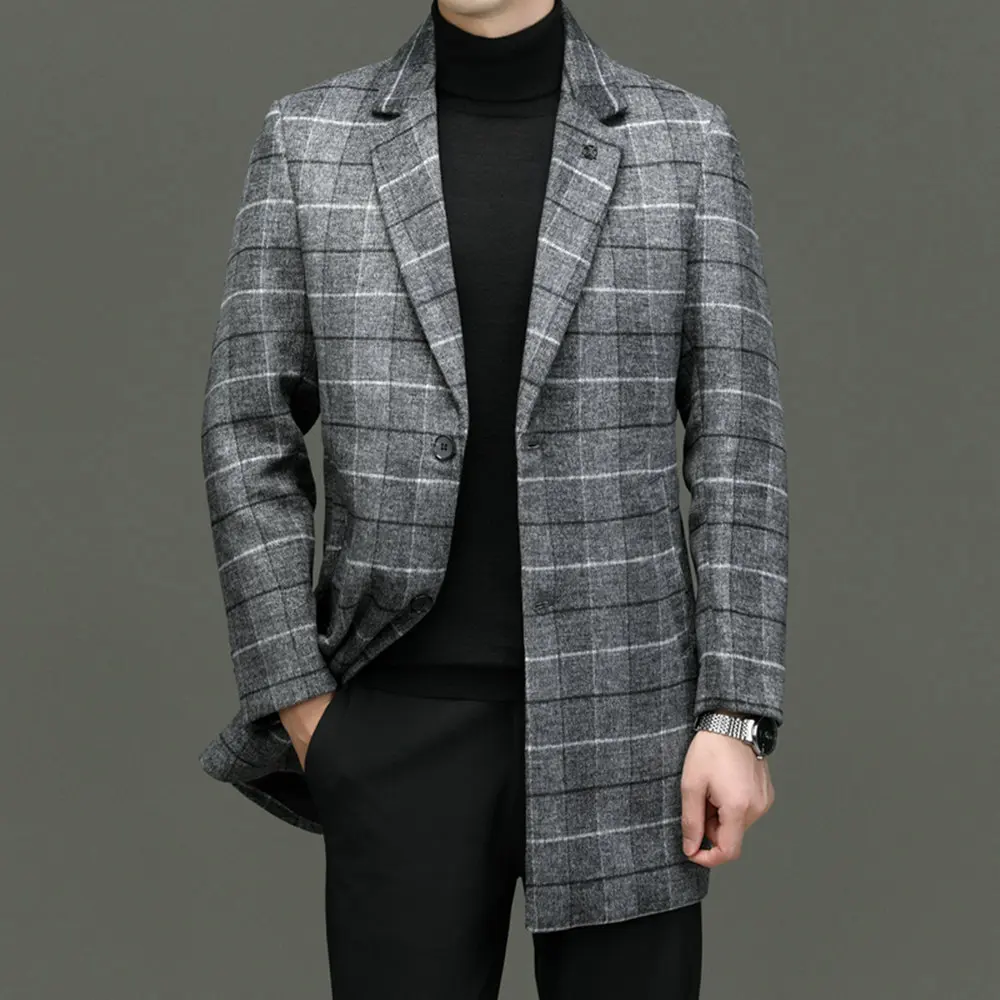 

England Style Men Classic Plaid Cashmere Coat Gray Blue Khaki Checked Pattern Wool Blend Overcoats Male Business Casual Outfits