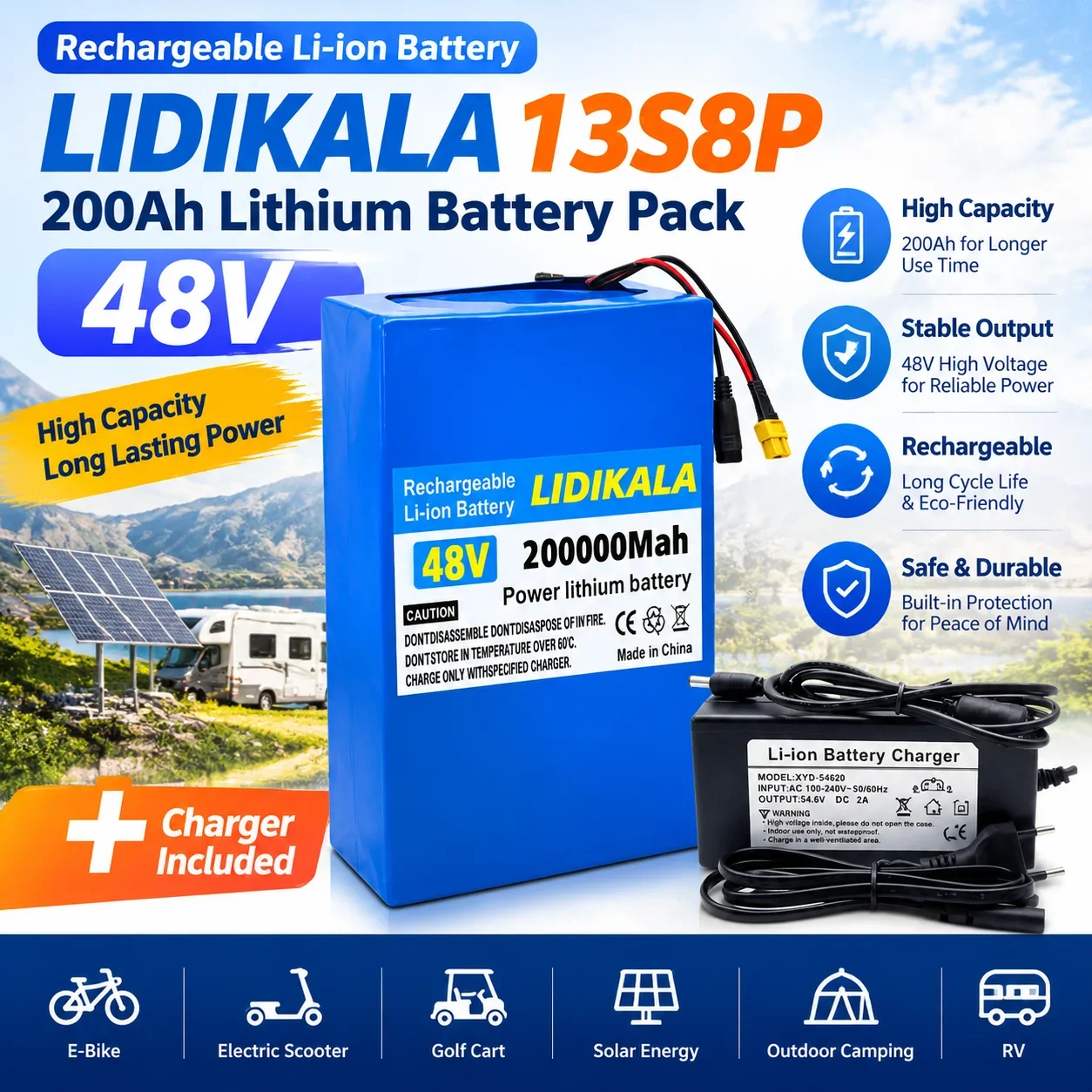 48V 200Ah wiederaufladbarer Lithium-Ionen-Akku mit Ladegerät, 13S8P Hochleistungs-Li-Ionen-Akku mit integriertem BMS-Schutz für E-Bikes, E-Scooter, Solarenergie, Wohnmobile und Camping