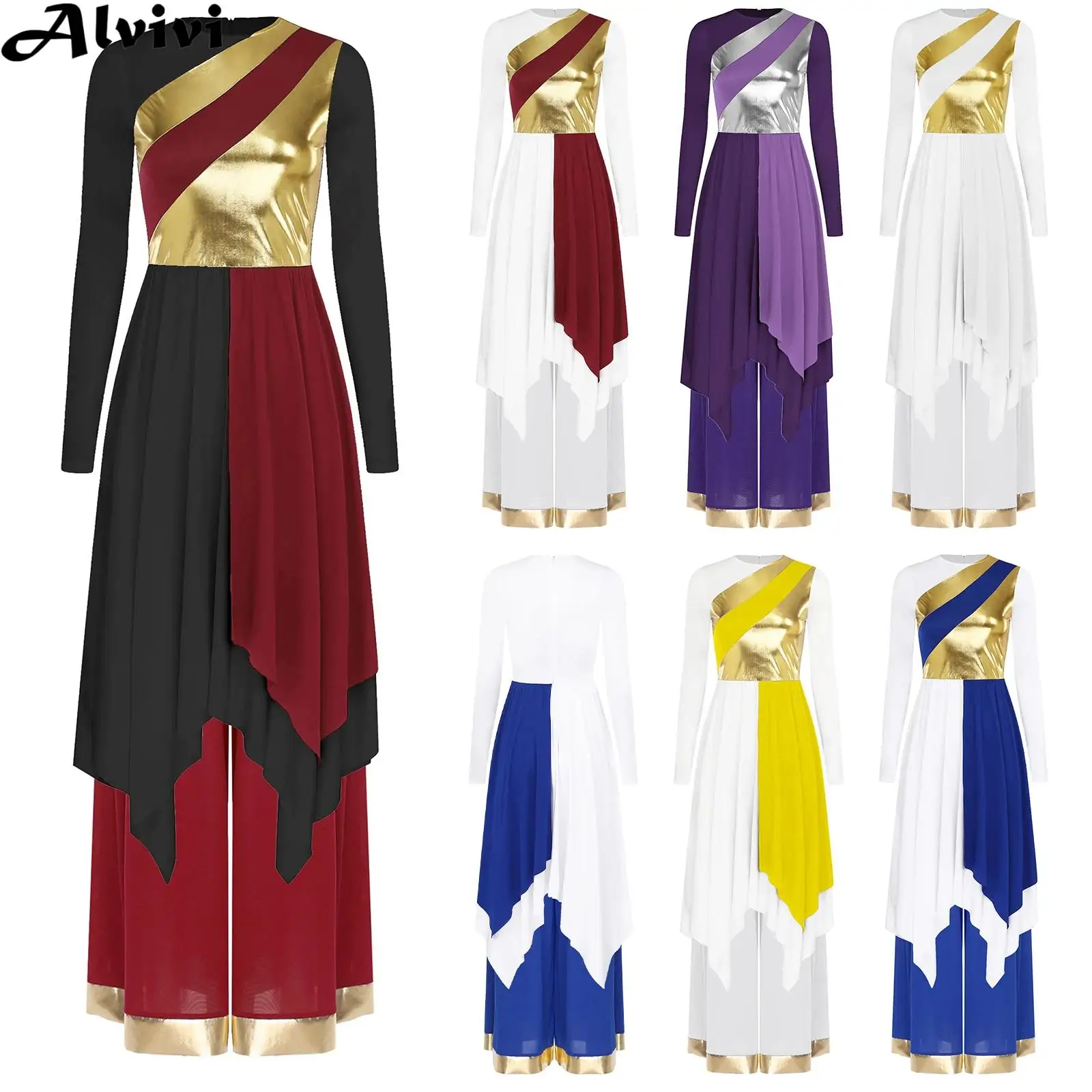 Women Long Sleeve Praise Worship Choir Liturgical Dance Dress with Wide Leg Pants Modern Lyrical Dancing Performance Costume