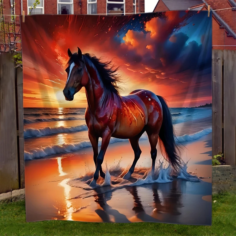Sunset Beach Brown Horse Painting Throw Blanket,Warm Sofa,Bed Lap Cover,Guest Lounge,Anniversary Holiday Daily Use Present