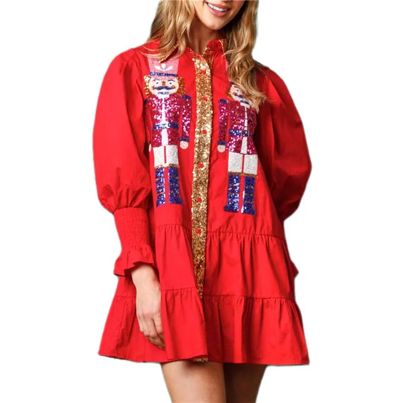 ABRT-Womens Costume Nutcracker Shirt Dress  Holiday Santa Sweatshirt Sweater Mini Dress