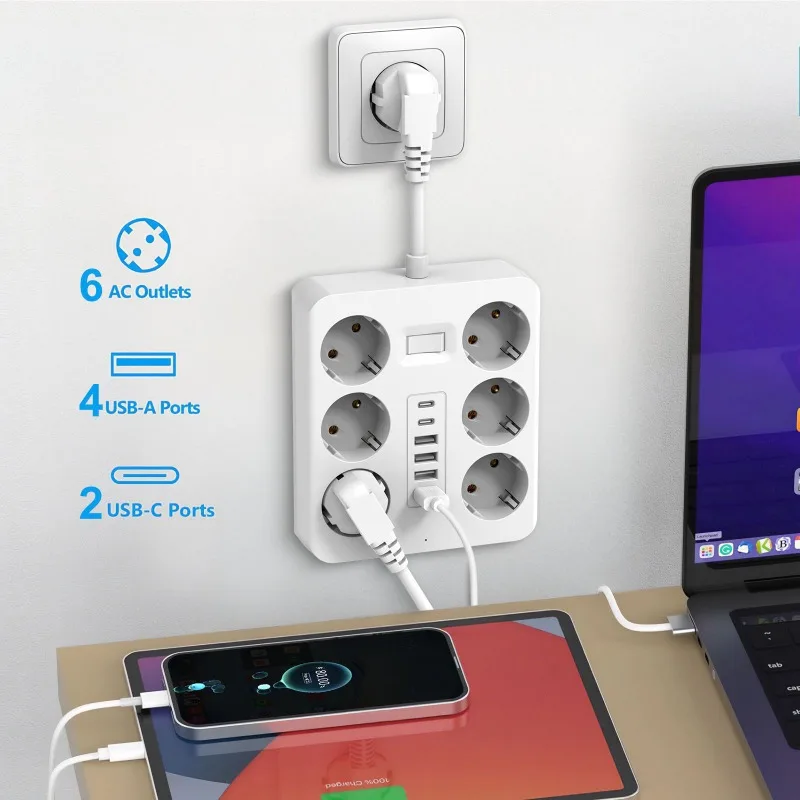 12-in-1 Wall Socket Extender with 6 AC Outlets 4 USB Ports 2 Type-C EU Plug Charger Surge Protection Power Strip for Home Office